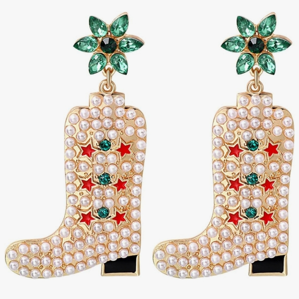 Boots Earrings Cowgirl Boots Embellished Rhinestone Pearl Beaded Jewelry Rodeo